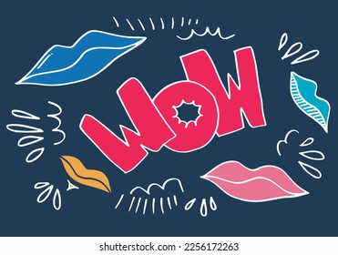 con texto WOW. Comic doodle sketch style. Grabación de iconos WOW.