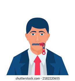 Mouth with zipper. A man with an mouth closed. Remain silent. No comment. Lips on lock. Vector illustration flat design. Not conversations. Symbol of silence.