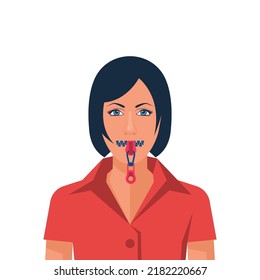 Mouth with zipper. Woman with an mouth closed. Remain silent. No comment. Lips on lock. Vector illustration flat design. Not conversations. Symbol of silence.