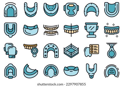 Mouthguard icons set outline vector. Boxer dental. Protector mouth thin line color on white