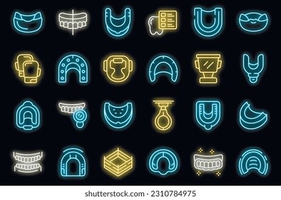 Mouthguard icons set outline vector. Boxer dental. Protector mouth neon color on black