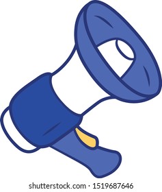 Mouthpiece blue color icon. Megaphone, bullhorn. Breaking news, announcement symbol, loudspeaker. Device for pronouncing loud warning and reporting important news. Isolated vector illustration