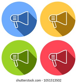 mouthpiece icon. Set of white icons with long shadow on blue, orange, green and red colored circles. Sticker style