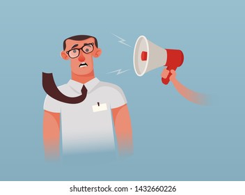 Mouthpiece Screaming on Scared Businessman. Cartoon Style. Vector Illustration