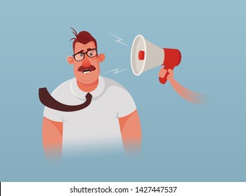 Mouthpiece Screaming on Scared Manager. Cartoon Style. Vector Illustration