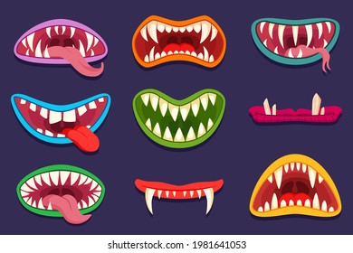 Mouths of cartoon monster characters vector illustrations set. Scary creatures, goblins, trolls or gremlins, tongue and teeth isolated on purple background. Fantasy, Halloween, fairytale concept