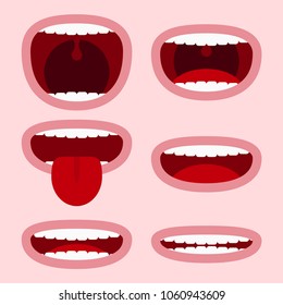 Mouths set with different expressions. Cartoon face elements with emotions - smile, screaming, showing tongue and teeth. Vector illustration.