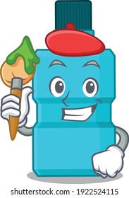 Mouthwash artist cartoon picture style paint a landscape using a brush. Vector illustration
