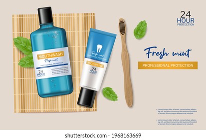 Mouthwash and bamboo brush Vector realistic. Product placement mock up