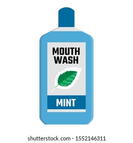 Mouthwash blue color with green mint leaf cartoon isolated on white background. Teeth protection, oral care, dental health concept for poster, banner. Vector illustration for any design.