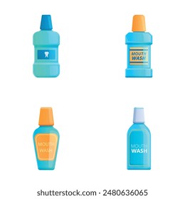 Mouthwash bottle icons set cartoon vector. Mint liquid for rinsing mouth. Oral care equipment