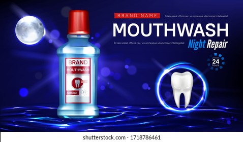 Mouthwash bottle and tooth in glowing sphere on water surface at night. Vector realistic brand poster with product for dental care, night repair oral rinse. Promo banner, advertising background