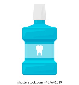 Mouthwash bottle with a tooth on the label in flat style