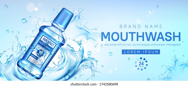 Mouthwash Bottle In Water Splash. Vector Realistic Brand Poster With Cosmetic Product For Dental Care, Mouth Rinse For Tooth Protection. Promo Banner, Advertising Background