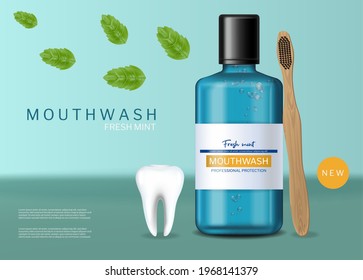 Mouthwash and brush fresh mint Vector realistic. Product placement mock up 3d illustration