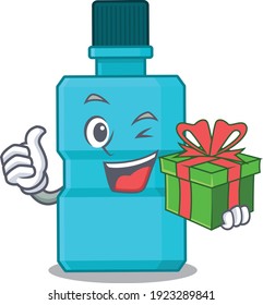 Mouthwash cartoon character concept with a big gift box. Vector illustration