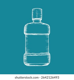 Mouthwash for dental and oral hygiene, in-home care. Bottle of rinse - vector sketch illustration. Hand drawn doodle drawing