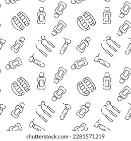 Mouthwash, Dentist Tools, Teeth Vector Seamless Patterns Made of Icons 