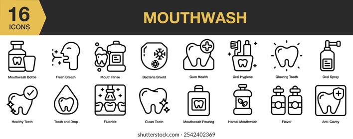 Conjunto de iconos de enjuague bucal. Incluye enjuague bucal, botella, diente, goma de mascar, oral, hierbas, fluoruro y más. Colección de Vector de iconos de contorno.