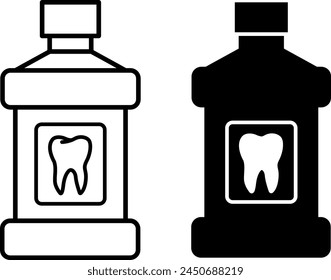 Iconos de enjuague bucal. Iconos vectoriales en blanco y negro. Botella de enjuague bucal con diente en la etiqueta. Cuidado Dental. Concepto de Medicina y Odontología