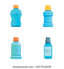 Mouthwash icons set cartoon vector. Mint liquid for rinsing mouth. Oral care equipment