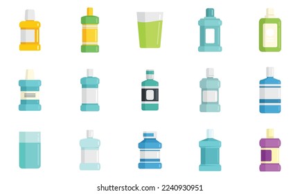 Mouthwash icons set flat vector. Health care. Dentist bottle isolated