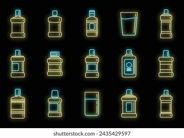 Mouthwash icons set outline vector. Health care. Dentist bottle neon isolated