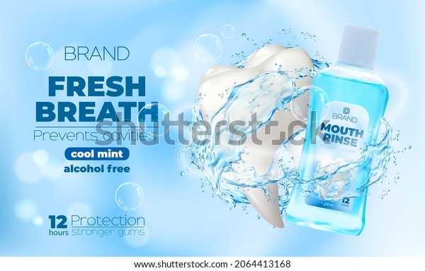 Mouthwash and mouth rinse bottle in\
transparent water splash and swirl drops, vector. Tooth mint dental\
care product poster for mouthwash or oral hygiene and gum rinse,\
alcohol free cavity\
protection