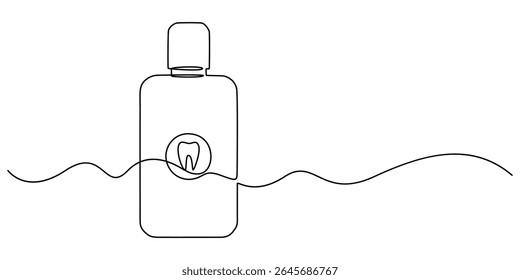 Lavagem bucal em uma linha contínua. Um desenho, minimalismo. Ilustração vetorial, conceito vetor pro enxaguante bucal. garrafa enxaguante bucal, produtos de cuidados dentários, Garrafa Dispenser com fundo branco líquido