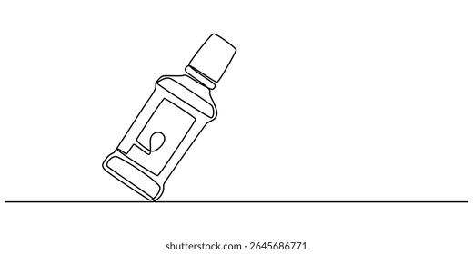 Lavagem bucal em uma linha contínua. Um desenho, minimalismo. Ilustração vetorial, conceito vetor pro enxaguante bucal. garrafa enxaguante bucal, produtos de cuidados dentários, Garrafa Dispenser com fundo branco líquido