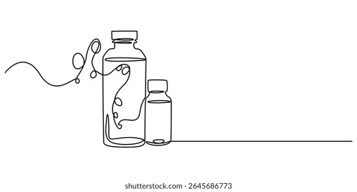 Lavagem bucal em uma linha contínua. Um desenho, minimalismo. Ilustração vetorial, conceito vetor pro enxaguante bucal. garrafa enxaguante bucal, produtos de cuidados dentários, Garrafa Dispenser com fundo branco líquido