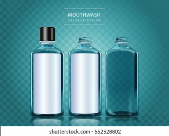 Mouthwash package design, three bottles with blank space for edit and design, 3d illustration isolated on transparent background