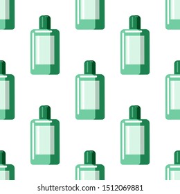 Mouthwash seamless pattern. Mouthwash plastic bottle in flat style backdrop on white background. Vector illustration.