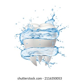 Mouthwash, teeth and clean water swirl splashes. Mouth rinse or dental care and hygiene 3d realistic vector. Clean blue water or mouthwash liquid or rinse flow droplets and splatters