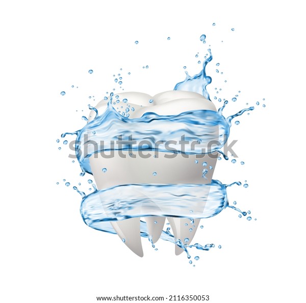 Mouthwash,\
teeth and clean water swirl splashes. Mouth rinse or dental care\
and hygiene 3d realistic vector. Clean blue water or mouthwash\
liquid or rinse flow droplets and\
splatters