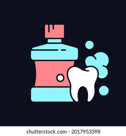 Mouthwash for teeth health RGB color icon for dark theme. Oral rinse. Prevent teeth decay. Strengthen enamel. Isolated vector illustration on night mode background. Simple filled line drawing on black
