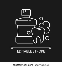Mouthwash for teeth health white linear icon for dark theme. Oral rinse. Prevent teeth decay. Thin line customizable illustration. Isolated vector contour symbol for night mode. Editable stroke