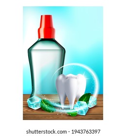 Mouthwash Tooth Protection Promo Poster Vector. Mouthwash Blank Bottle, Mint Herbal Leaves, Tooth And Ice Cubes On Wooden Table Creative Advertising Marketing Banner. Color Concept Layout Illustration