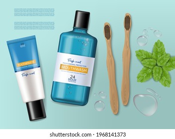Mouthwash, toothpaste and bamboo brush Vector realistic. Product placement mock up