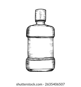 Mouthwash vector sketch illustration set. Bottle of rinse for dental and oral hygiene, in-home care. Hand-drawn doodle drawing