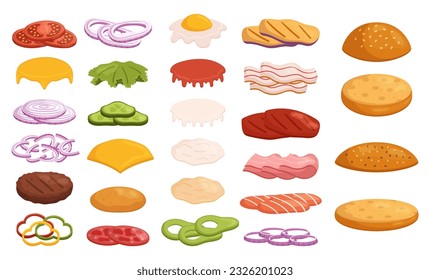 Mouthwatering Assortment Of Burger Ingredients, Including Juicy Beef Patty, Fresh Lettuce, Ripe Tomatoes, Melted Cheese, Crispy Bacon, Tangy Pickles, And Savory Sauces. Cartoon Vector Illustration