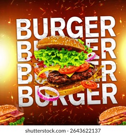 A mouthwatering close-up of a classic burger, layered with fresh lettuce, tomato, onion, and cheese, set against a vibrant, textured background with the word 'BURGER' repeated dynamically.