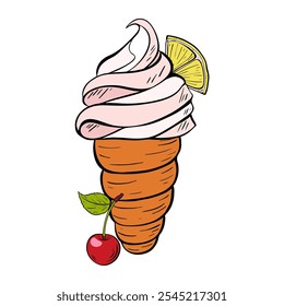 A mouthwatering and delicious Ice Cream Cone topped with a Cherry and a slice of Lemon. Vector 