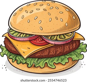 A mouthwatering illustration of a fresh hamburger featuring a juicy beef patty and melted cheese, capturing the essence of classic fast food. The hamburger is stacked with vibrant layers of crisp lett