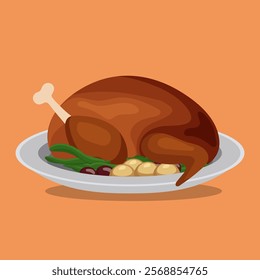 A mouthwatering image of a perfectly roasted turkey served on a white plate, surrounded by golden potatoes and green beans. The turkey is golden brown and glistening with juices