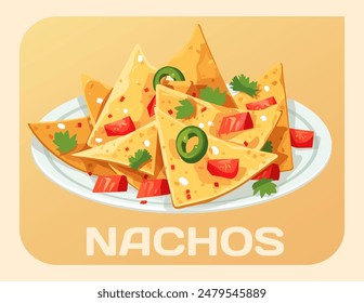 Ilustración vectorial de Nacho deliciosa. Deliciosa Ilustración vectorial de nachos aislados en la Imagen de fondo beige cuenta con un montón de chips de tortilla de oro, tomates en cubitos y cilantro fresco