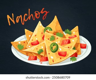 Mouthwatering Nacho Vector Illustration. Delicious vector illustration of nachos isolated on black chalkboard, a heaping pile of golden tortilla chips, diced tomatoes, and fresh cilantro