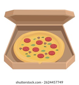 Pizza de dar água na boca com pepperoni e cogumelos, deitada em uma caixa de papelão aberta, pronta para entrega