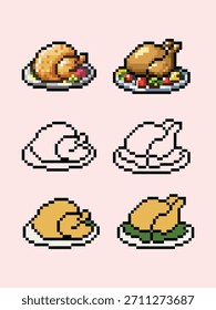 Un delicioso conjunto de iconos de pollo asado o pavo al estilo pixel art de 8 bits. Esta colección presenta un pájaro asado entero en una bandeja con adorno, presentado en tres estilos