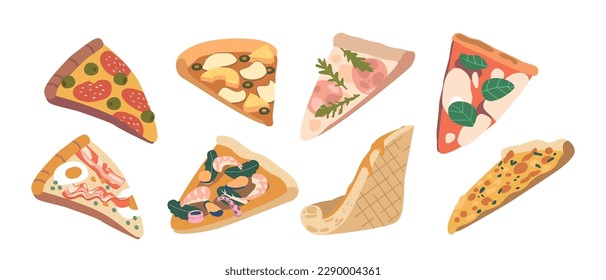 Mouth-watering Set Of Various Pizza Slices With Different Toppings, Including Pepperoni, Seafood, Pineapples, And Olives